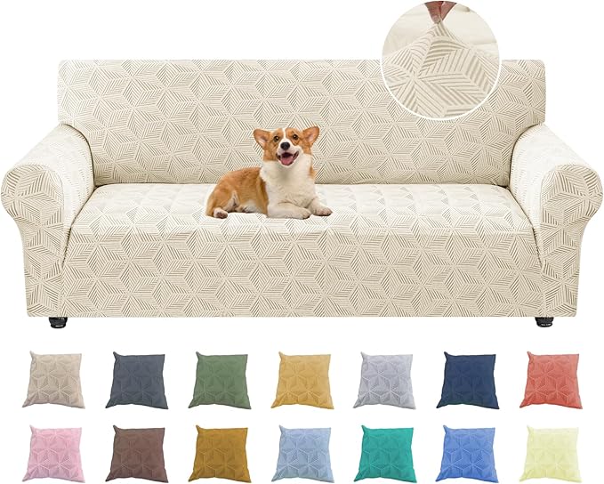 YEMYHOM 1 Piece Stretch Couch Covers for 3 Cushion Couch, Jacquard Sofa Cover with Non-Slip Elastic Bottom, Thickened Slipcover Furniture Protector for Dogs Pets (Large, Beige）