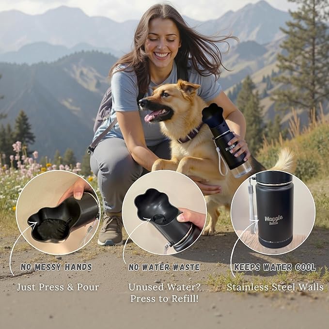 Waggle Bottle Stainless Steel Dog Travel Water Bottle, Double-Wall Vacuum Insulated Portable Dog Water Dispenser, Drink Cup and Snack Container On The Go, Outdoor Walking, Hiking, Travel, Water Bottle