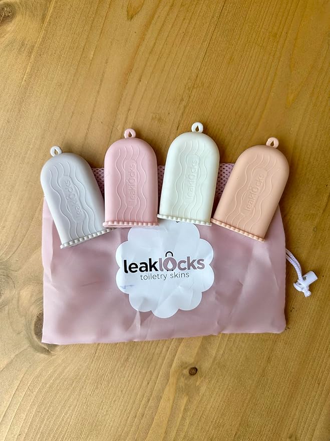 LeakLocks® Toiletry Skins™ Elastic Sleeve for Leak Proofing Travel Container in Luggage. For Standard and Travel Sized Toiletries. Reusable Accessory for Travel Bag Suitcase and Carry-on Luggage
