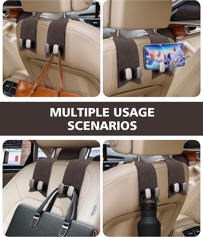 Purse Hook for Car, 4 Pack Headrest Hooks for Car 100% Metal & Premium Leather 2025 Latest, Auto Hanger & Holder for heatrest,seat,Bag,Purse (Brown)