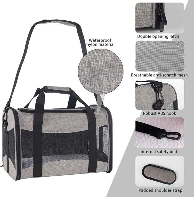 Cat Carrying Case - Pet Carrier Airline Approved, Protable and Breathable Pet Travel Carrier Removable Fleece Pad, Collapsible Cat Carrier Dog Carrier for Medium Cats Small Cats Dogs (X-L Grey&Black)