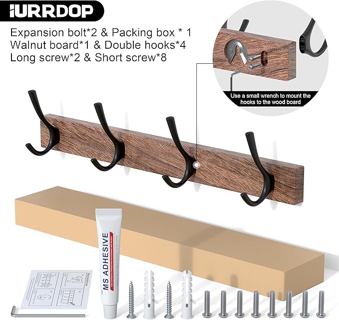 IURRDOP 17 Inch Walnut Wood Wall Mounted Coat Rack with 4 Black Double Hooks, Adhesive Mounted Entryway Hooks, Modern Natural Wooden Pegs for Hanging Coat Clothes Hat Bag Purse Key and Towel