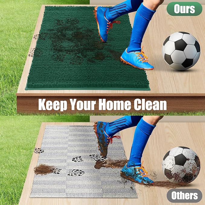 IM HOME Chenille Absorbent Outdoor Doormat 30" x 20", Washable Muddy Door Mats for Dog Non Slip Indoor Doormat Dog Mat for Muddy Paw Front Inside Doormats for Entryway Green
