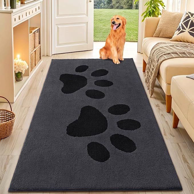 Smiry Dog Door Mat for Muddy Paws, Absorbs Moisture and Dirt, Low-Profile Entryway Mat with Non-Slip Backing, Entry Indoor Outdoor Doormat for Inside Floor (59x35 Inches, Black, Paw)