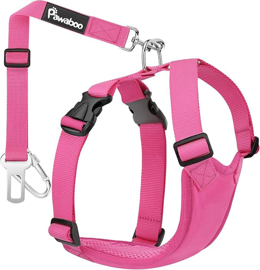 Pawaboo Adjustable Dog Safety Vest Harness with Seatbelt, Dog Seat Belt Harness for Car with Vehicle Connector Strap, Breathable Dog Seatbelt Safety Tether for Small Medium Large Pet, Small, Rose Red