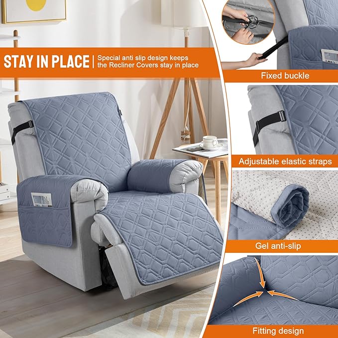 VANSOFY 100% Waterproof Recliner Chair Covers, Recliner Cover Non-Slip Dog Chair Cover Furniture Protector Washable Slipcover with Pocket, Elastic Straps for Pets, Dogs(Slate Gray, 28")