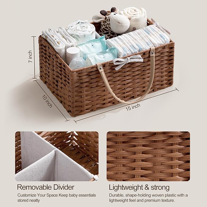 HBlife Large Diaper Caddy Organizer, Washable Waterproof, Portable Plastic Wicker Woven Basket with Divider, Nursery Diaper Station, Baby Shower Gifts Basket & Car Organizer