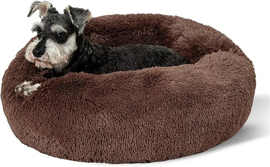 Bedsure Calming Dog Bed for Small Medium Dogs - Donut Washable Medium Pet Bed, 27 inches Anti-Slip Round Fluffy Plush Faux Fur Cat Bed, Coffee