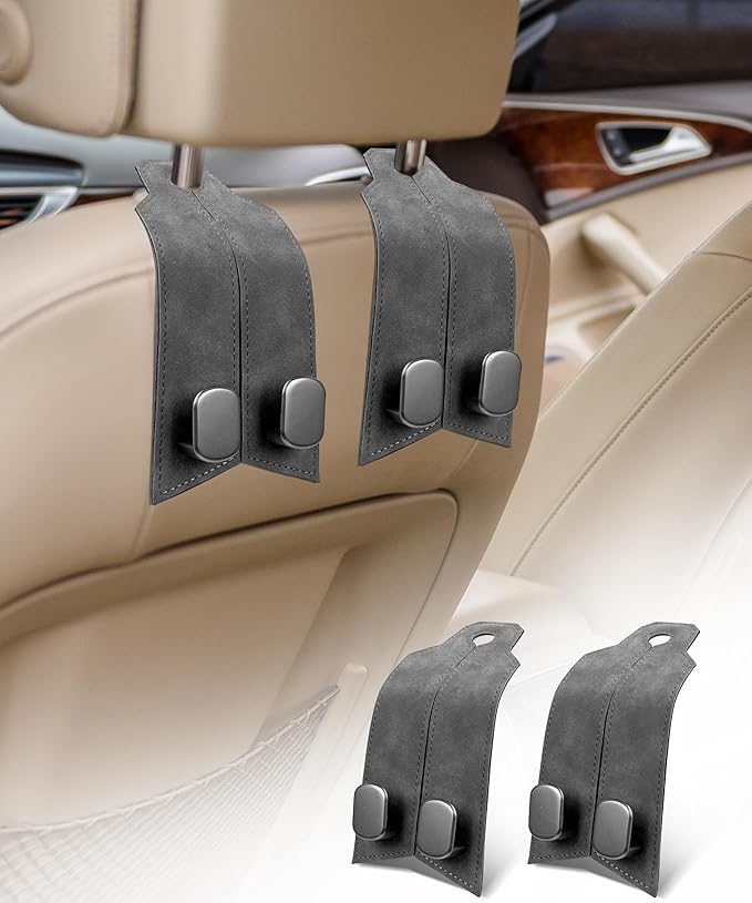 Car Hooks for Headrest, Purse Hook for Car, Car Seat Hooks Purse Hanger for Car 100% Metal & Premium Leather 2025 Latest Car Organization Accessories for Bags, Purses, Phones etc (Grey 2Pcs)