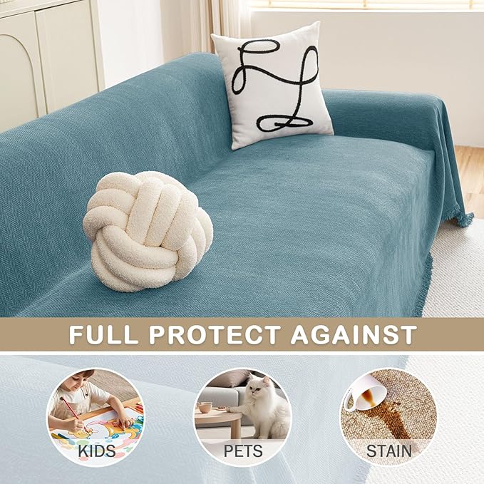 hyha Couch Cover for Dogs, Boho Sofa Covers for 3 Cushion Couch Washable, Chenille Sofa Slipcover for Pets, Soft Loveseat Sectional Couch Throw Blankets with Tassels (Blue, 88.5x118 Inch)