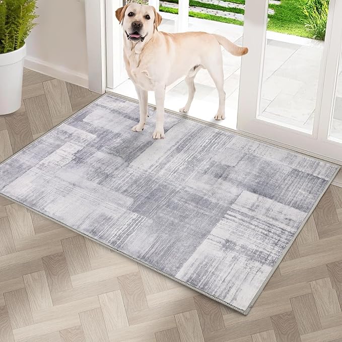 COMSLE Door Mat, Front Door Mat Indoor for Entrance Faux Wool Absorbent Non Slip Modern Throw Rug for Entryway Hallway Muddy Paws - Pet Friendly, 20x32 Inches,Gray Machine Washable