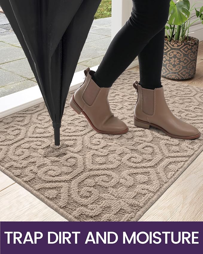 DEXI Front Door Entryway Mat Non Slip, Washable Inside Entrance for House Floor Low Profile, Thin Entry Doormat Absorbent Dirt Trapper, 32x48 Light Beige