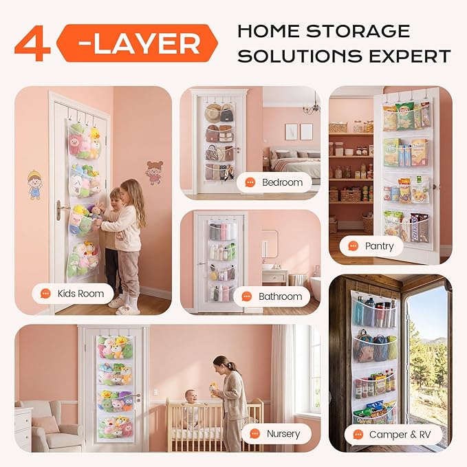 Upgraded Assembly Type Stuffed Animal Storage. Original Design & Patented, 4 Components Over the Door Organizer, Adjustable Net Layer, Suitable for Doors and Walls of Various Heights.