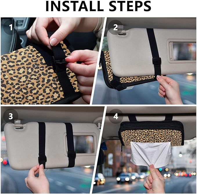 Car Tissue Holder Car Napkin Holder Car Tissue Box Dispenser Storage Case Sun Visor Mask Holder with Adjustable Straps Reusable Refillable Brown Leopard Print