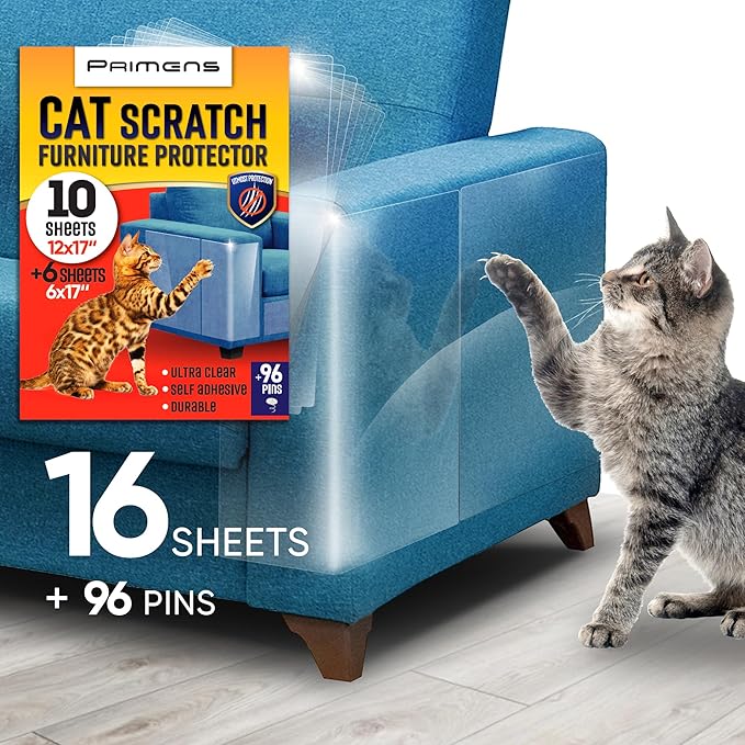 Heavy Duty Cat Scratch Deterrent Furniture Protectors for Sofa, Doors, Clear Couch Protectors from Cats Scratching, Anti Cat Scratch Tape Guards, 16 Sheets