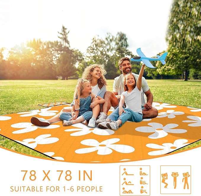 Picnic Blankets, 79''x79'' Extra Large Beach Blanket Waterproof Sandproof, 3-Layer Fabric Foldable & Portable Outdoor Beach Mat for Camping, Family Picnics, Travel, Lawn, Park Outings-Limoncello