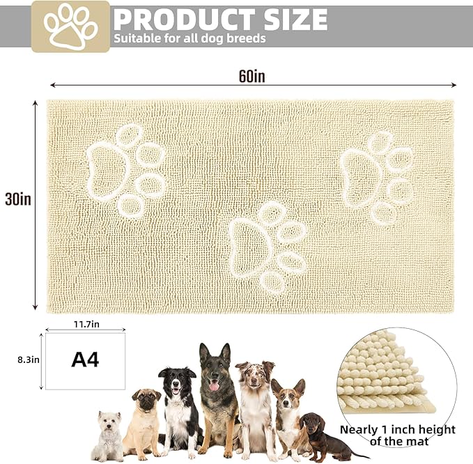 PUPTECK Dog Doormat for Dirty 60 x 30 inch Super Absorbent Microfiber, Non Skid Backing, Beige Door Mat Indooer