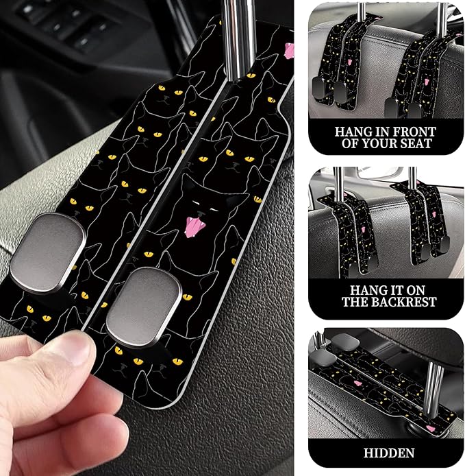 PU Leather Car Seat Hook, Storage Headrest Hanger, Cute Car Backseat Organizer, Car Hooks for Purses and Bags Black Cats