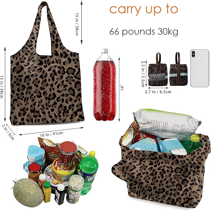 BeeGreen Leopard Reusable-Grocery-Gifts-Bags-Foldable-Machine-Washable Cheetah Shopping-Bags Extra Large Reusable Bags Totes 66 Lbs Ultra-Lightweight Polyester Fabric