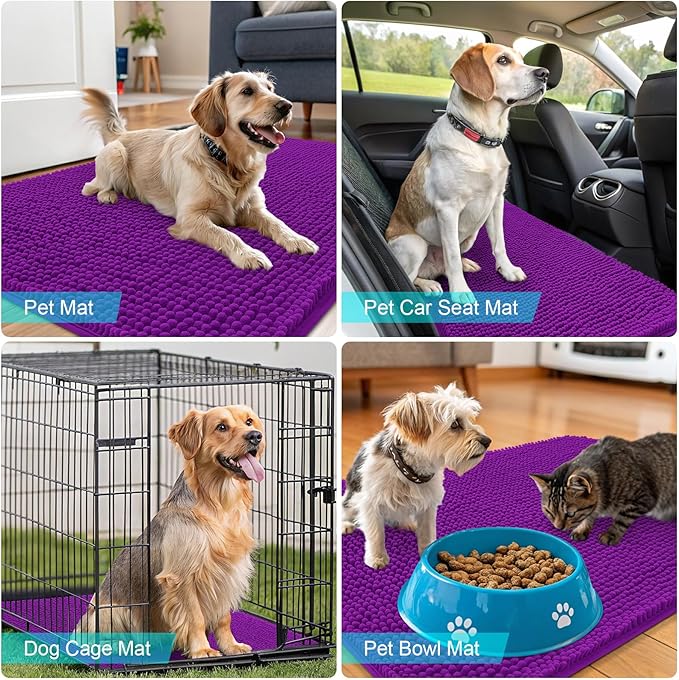 OLANLY Dog Door Mat for Muddy Paws 32x20, Absorbs Moisture and Dirt, Absorbent Non-Slip Washable Doormat, Quick Dry Chenille Mud Mat for Dogs, Entry Indoor Entryway Carpet for Inside Floor, Purple