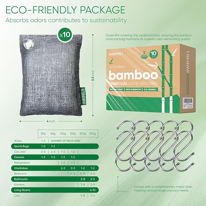 Activated Charcoal Odor Absorber, Large 10 Pack w Hooks Nature Odor Remover for Strong Odor, Bamboo Charcoal Air Purifying Bags, Odor Eliminator for Home Car Closet Pet, Smoke Deodorizer