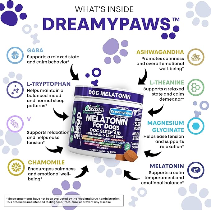 Dreamy Paws Melatonin for Dogs Dog Calming Sleep Supplement - Melatonin GABA Tryptophan Valerian Magnolia Bark Passion Flower Magnesium Ashwagandha Restful Sleep 90 Chews Beef Flavor by Clean Pets