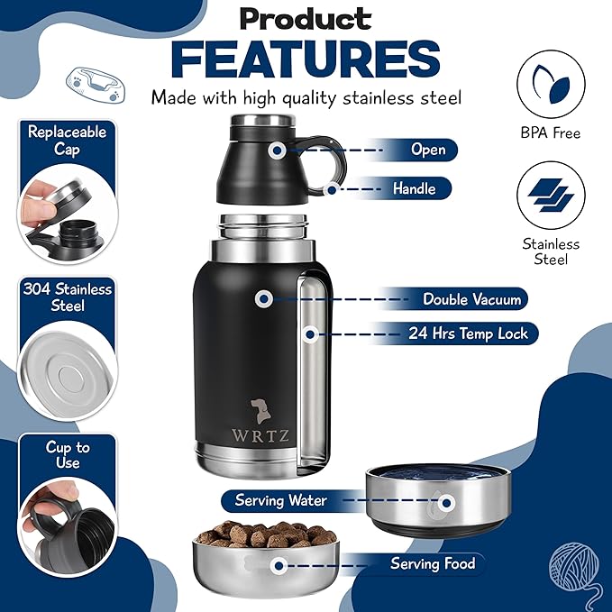 Stainless Steel Insulated Water Bottle with 2 Removable Water Bowls for Dogs – Leak-Proof Eco-Friendly Portable Dog Water Bottle - Travel Accessories for Dogs - 32oz - Black