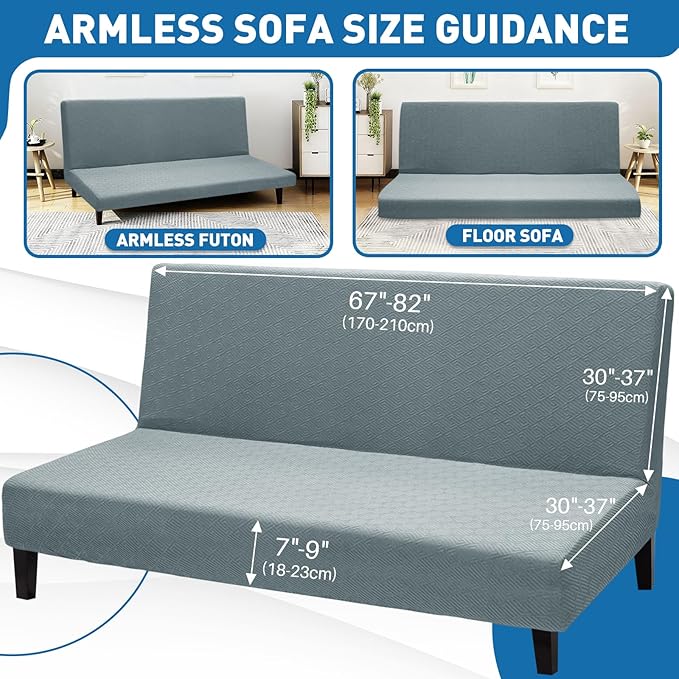 ZNSAYOTX Stretch Fit Futon Cover (67"-82") Armless Futon Sofa Bed Slipcover with Elastic Band, Universal Foldable Sofa Mattress Protector Full Queen Size, Washable Comfort Jacquard (Light Grey)