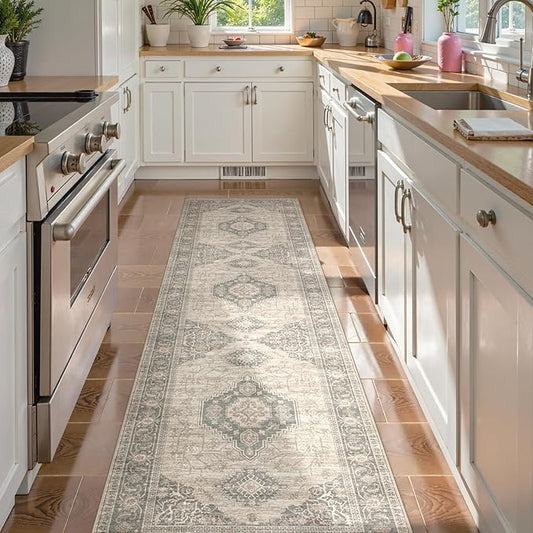 Lahome Oriental Washable Runner Rug Non Slip, 2x7 Rug Runners for Hallways Kitchen, Ultra-Thin Hallway Rugs for Laundry Room Bathroom Bedroom Eleanor, Grey/Brown