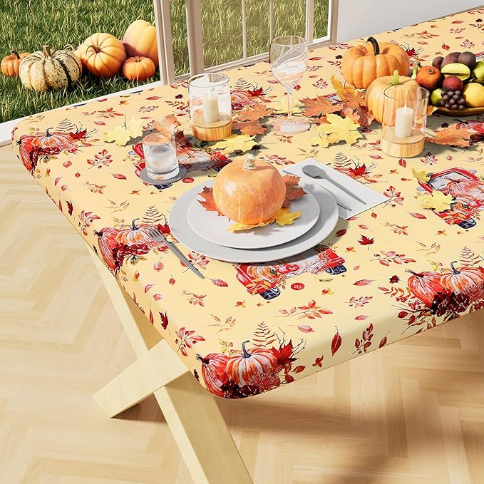 misaya Rectangle Vinyl Tablecloth, Fitted Table Cover, Waterproof, Elastic Edge, Flannel Backing, Plastic Table Cloth Fit 6 Foot Folding Tables for Fall, Thanksgiving (Pumpkin Truck, 30x72 inch)
