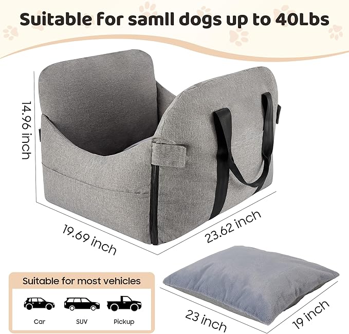 Dog Car Seat for Small/Medium Dogs.Water Repellent with Storage Pockets.Doubles as a Pet Travel Bed for Dogs Up to 40 lbs. Machine Washable Dog Carrier- Gray