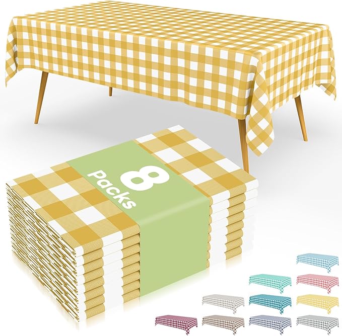 Smiry 8 Packs Gingham Disposable Table Cloth, 54 x 108 Inch Waterproof Plastic Tablecloth, Rectangle Gold and White CheckeGold Table Covers for Party, Birthday, Picnic, Banquet