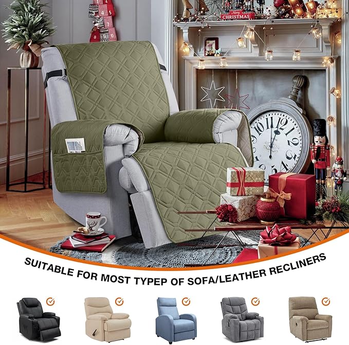 VANSOFY 100% Waterproof Recliner Chair Covers, Recliner Cover Non-Slip Dog Chair Cover Furniture Protector Washable Slipcover with Pocket, Elastic Straps for Pets, Dogs(Olive Green, 25")