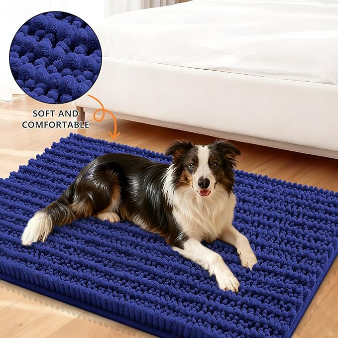 Smiry Dog Door Mat for Muddy Paws 47x24, Extra Soft Absorbent Chenille Doormat, Trap Moisture and Dirt, Non-Slip Machine Washable Front Door Mat for Indoor Entrance Inside Floor, Navy Blue
