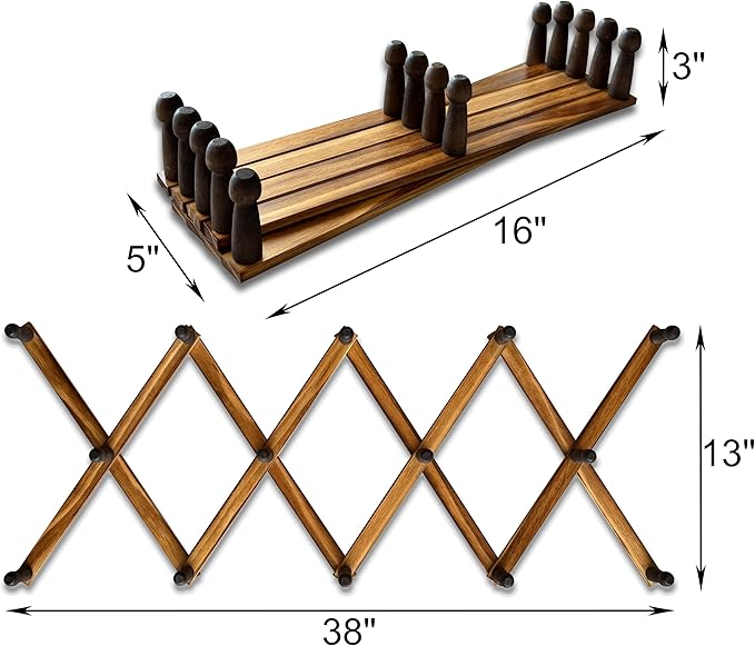 Expandable Wooden Coat Rack Hanger - Large Accordion Hanger with Expanding Pegs | Hand Made Rustic Wooden Hat Rack for Wall | Hang Coat, Jacket, Hat | Wall Rack – 14 Hook, Torched Wood