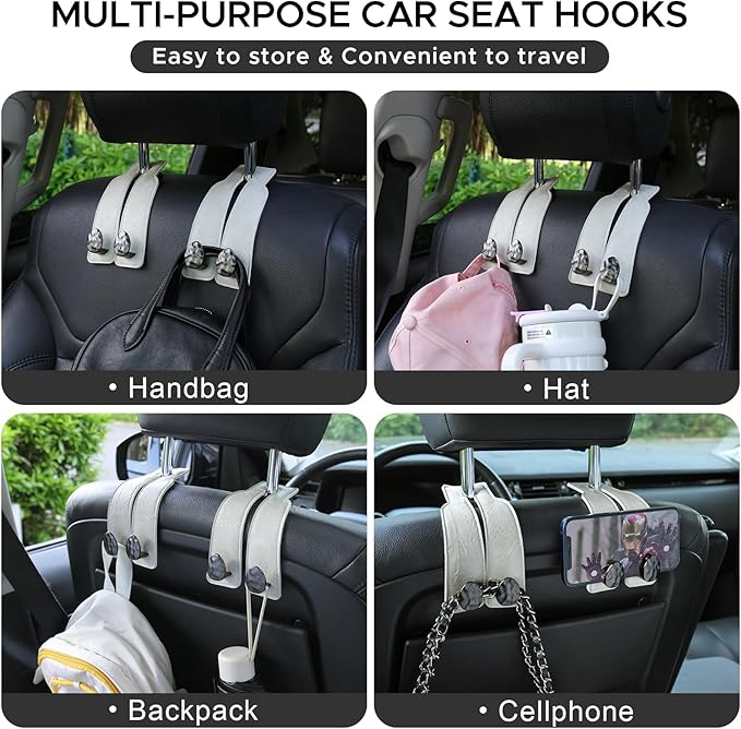4 PCS Leather Car Seat Hooks for Headrest, Vehicle Hanger Storage Organizer Universal for Handbag Purse, Car Accessories Gift (White-Black-4 PCS)