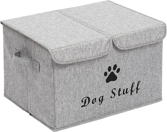 Large Dog Toys Storage Box Canvas Storage Basket Bin Organizer with Lid - Collapsible Linen Bin Ideal for Organizing Dog Cat Toys and pet stuff-PP Boad-17" x 12" x 10" - Snow Gray