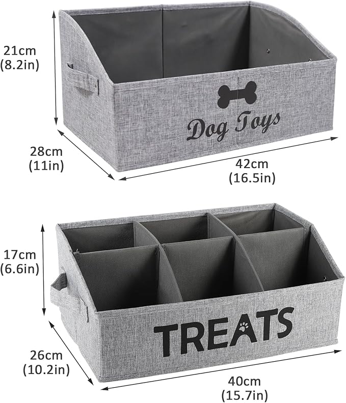 Brabtod 2pack Dog Storage Organizer,Trapezoid Dog Toy Basket,Dog Treat Container with handle,Collapsible Fabric Storage Box for Dog Toys and Dog Treats,Dog Treat Station with removable dividers-Grey