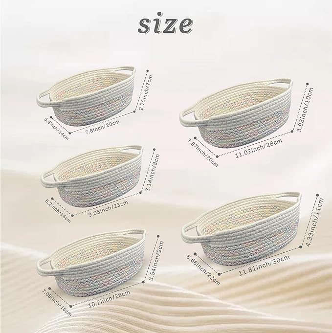 5-Piece Woven Rope Storage Basket Set - Sturdy Cotton Organizer Bins for Shelves, Pantry, Bathroom, Nursery & Bedroom Decor (MUTIL)