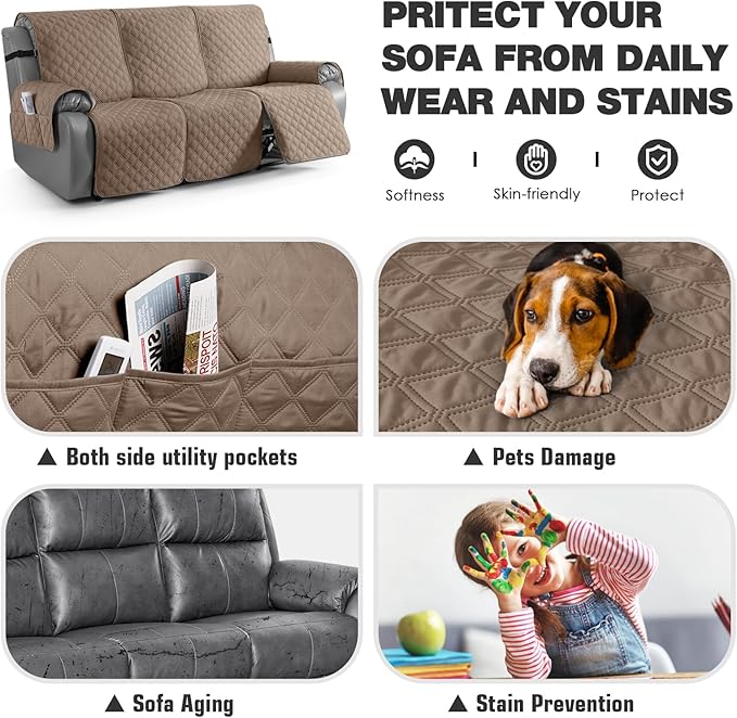 TAOCOCO 100% Waterproof Recliner Couch Covers, Recliner Sofa Covers with Leg Straps, 1-Piece Washable Reclining Sofa Cover with Pocket Couch Protector for Pets Kids(3 Seater, Khaki)