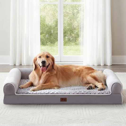 Orthopedic XL Dog Beds, Waterproof Pet Bed for Extra Large Dogs, Non-Slip Bottom and Egg-Crate Foam Large Pet Couch Sofa with Washable Removable Cover, Light Grey