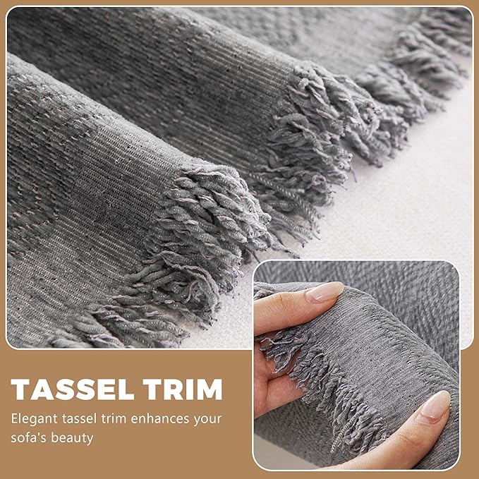 Chenille Couch Cover for 3 Cushion Sofa Pet Friendly Furniture Covers, Boho Sofa Covers Washable L Shape 3 Seater Couch Cover, 71"x 134", Grey