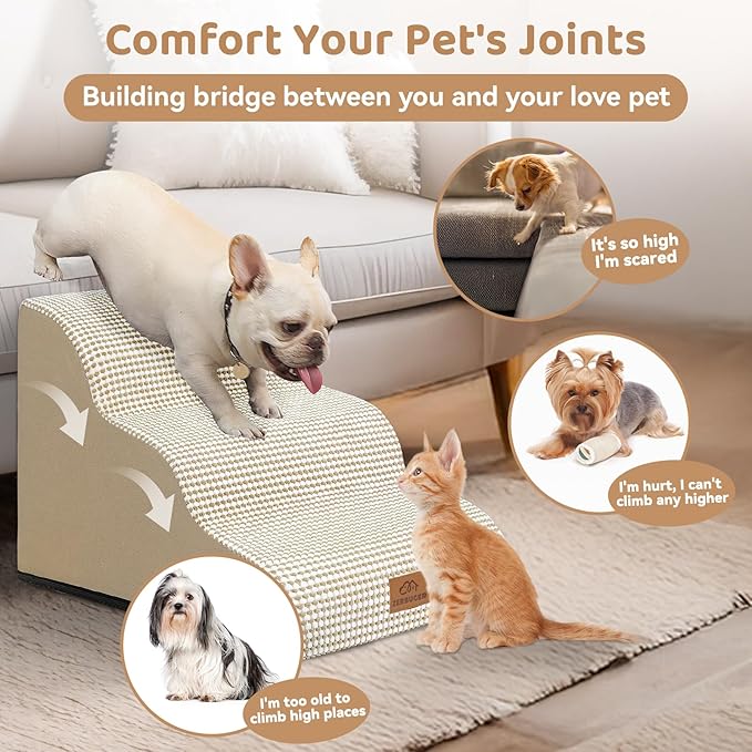 Zerbuger Dog Ramp and Stair for Bed 16" H-20 H,3-Step Cat Stair for Sofa and Chair,4-Step Dog Ramp for High Bed and Window,Durable Nonslip Fabric Cover for Indoor (Beige-16 H, Pet Friendly, 3)