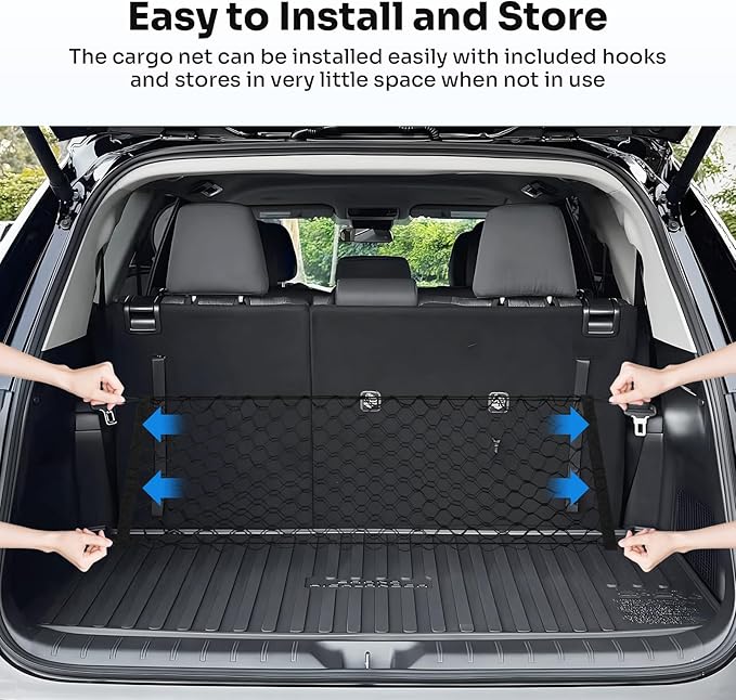 Trunk Cargo Net for 2024-2025 2026 Toyota Grand Highlander Accessories Envelope Style Mesh Trunk Net Organizer and Storage Stretchable Adjustable Elastic Nylon Rear Cargo Netting with Hooks
