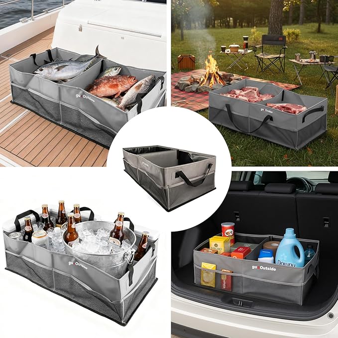 Collapsible Waterproof Car Trunk Organizer, Soft PVC Storage Bin with Rugged PVC-Coated Fabric for SUV & Truck (Stone Gray, PLUS)