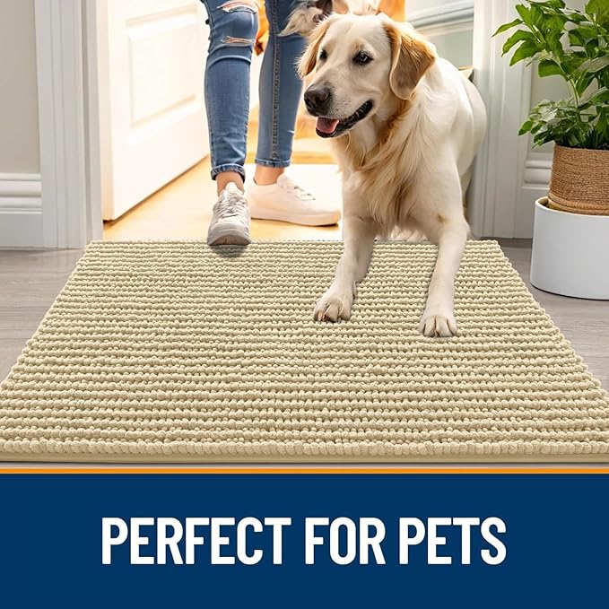 OLANLY Dog Door Mat for Muddy Paws 36x24, Ultra Absorbent Chenille Mud Doormat, Non-Slip Washable and Dirt Trapping Doormat for Indoor Entryway, Quick-Dry Indoor Pet Bed Mats for Dogs, Sand