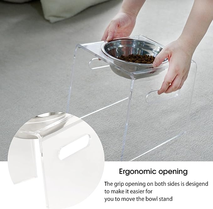 Tilted Raised Elevated Food and Water Bowls Stand for Medium or Large Dogs - Puppy's Clear Acrylic Stainless Steel Dishes Holder for Boy or Girl Pet, Modern, Durable and Easy to Clean (Large-Clear)