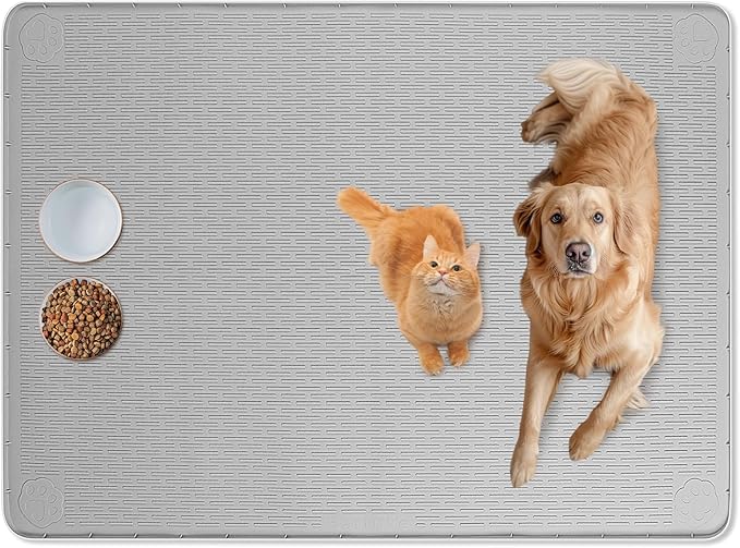 Bartuke Cat Food Mat, 50" x 35" Extra Large Silicone Pet Feeding Mat with Raised Edge Pet Placemat for Food and Water Bowl Non-Slip, Easy to Clean, Floor Protection (Grey)
