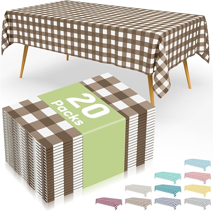Smiry 20 Packs Gingham Disposable Table Cloth, 54 x 108 Inch Waterproof Plastic Tablecloth, Rectangle Brown and White Checkered Table Covers for Picnic, Birthday, Party