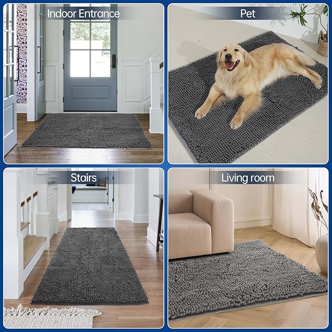 Chenille Absorbent Front Door Mat 48" x 24", Dog Door Mat for Muddy Paws, Trap Dirt Doormat, Mud Mat for Dogs, Washable Non Slip Outdoor Indoor Doormats for Entryway, Grey